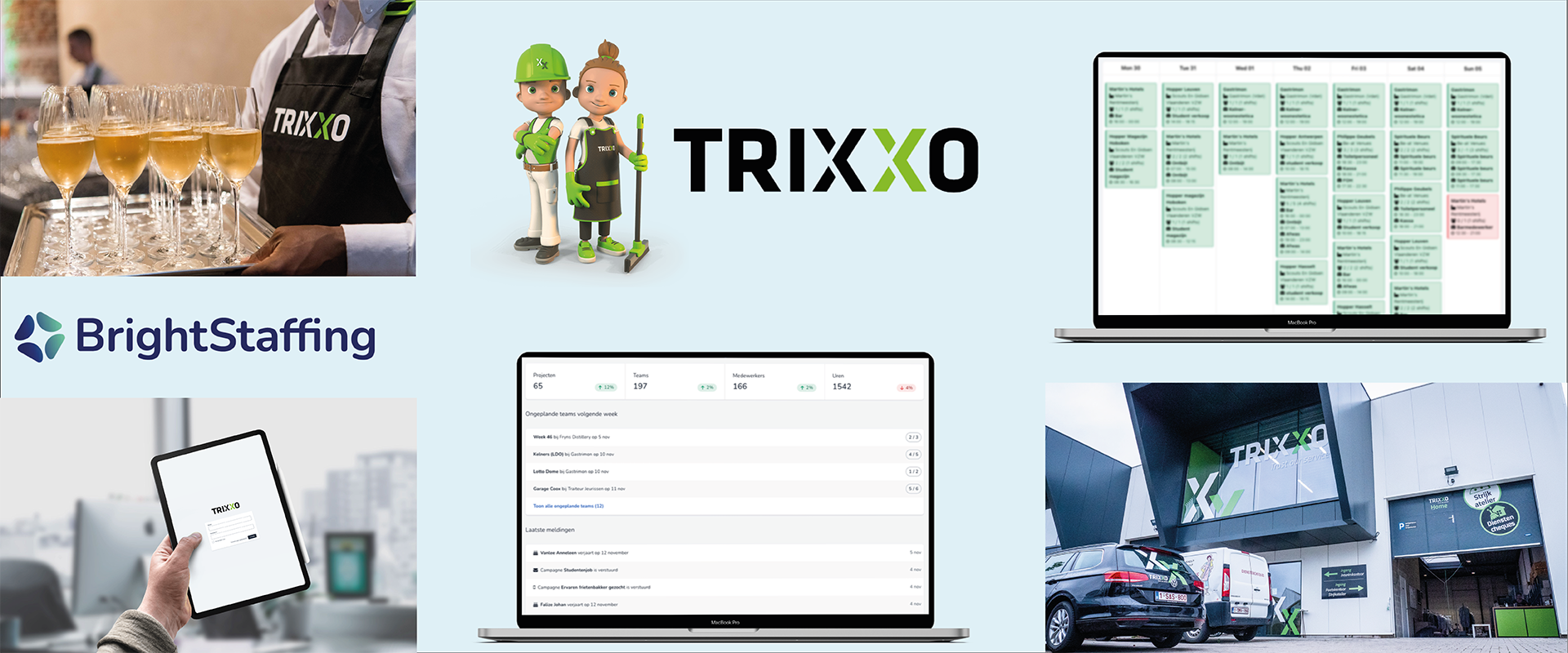 Collage van Trixxo Jobs - crewfixx applicatie Flexibel uitzendkrachten plannen voor Trixxo Jobs met Crewfixx